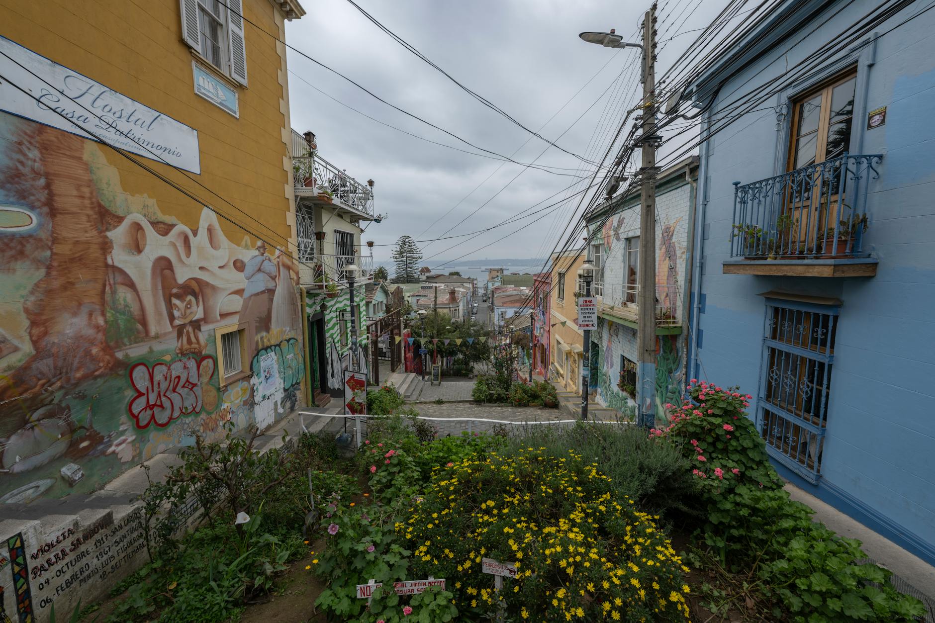 Coloridos murales callejeros pintados en las fachadas de los cerros de Valparaíso, Chile