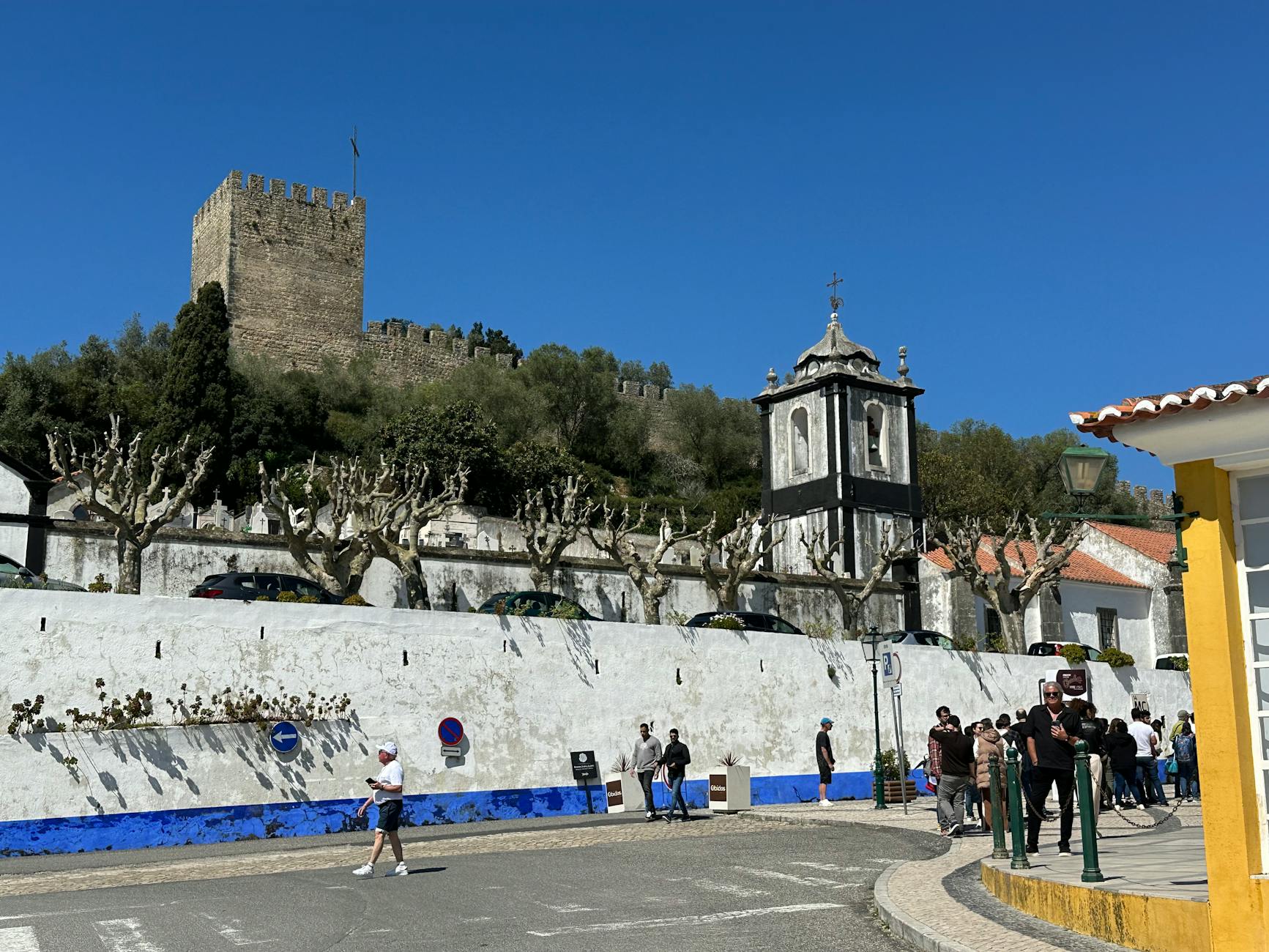 Calle empedrada de Óbidos con casas blancas y flores de colores